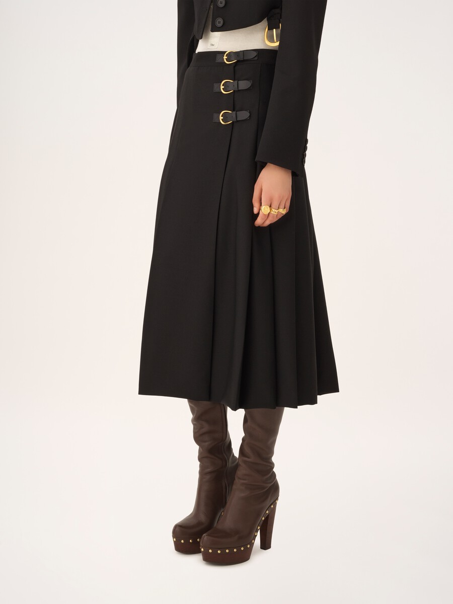 Pleated midi skirt in wool grain de poudre - 6