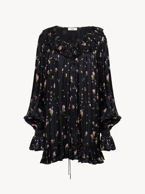 Gathered long-sleeve mini dress in silk charmeuse