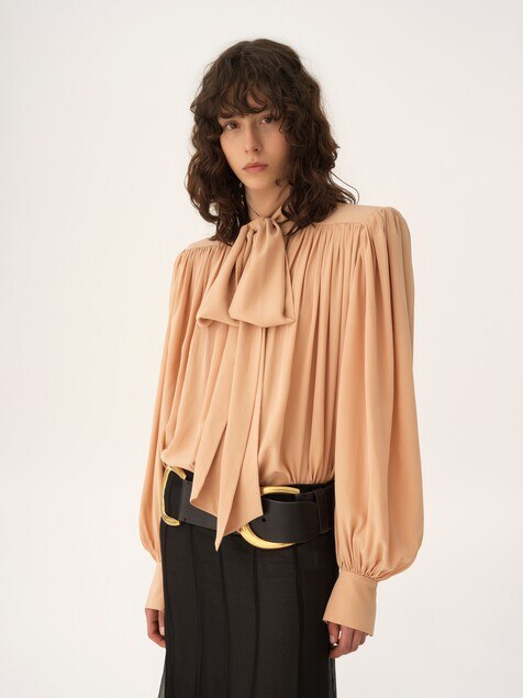 Oversized gathered lavalli&egrave;re blouse in cr&ecirc;pe de chine