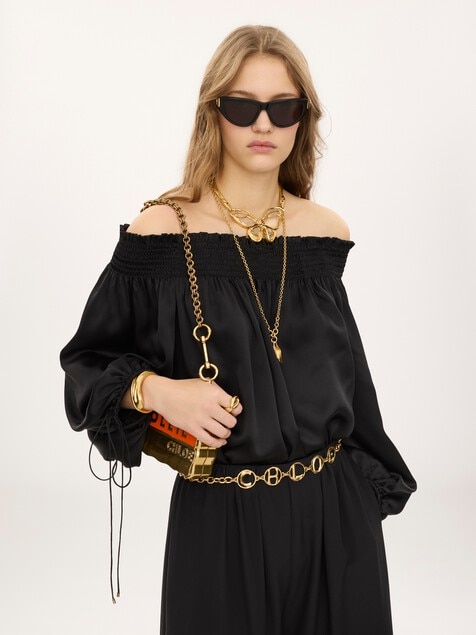 Off-the-shoulder top in washed silk satin