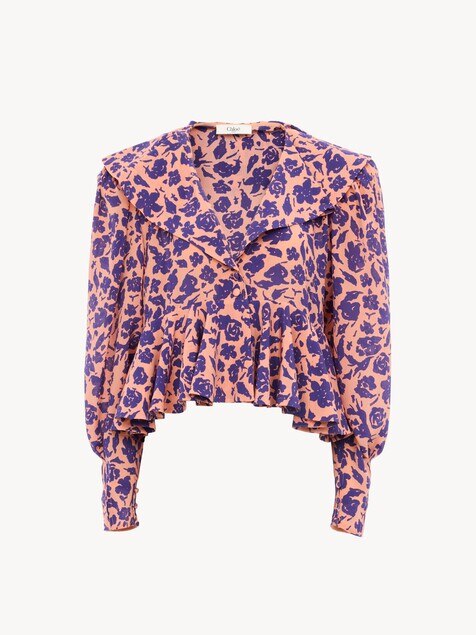 V-neck ruffle top in cr&ecirc;pe de chine