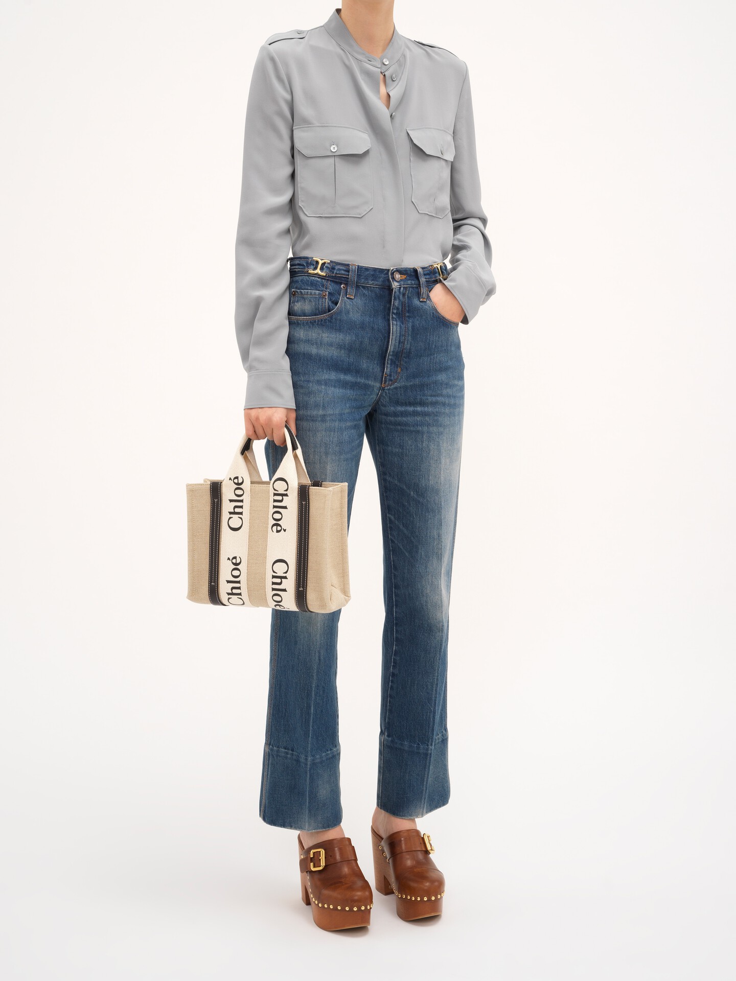 Small Woody tote bag in linen - 7.0