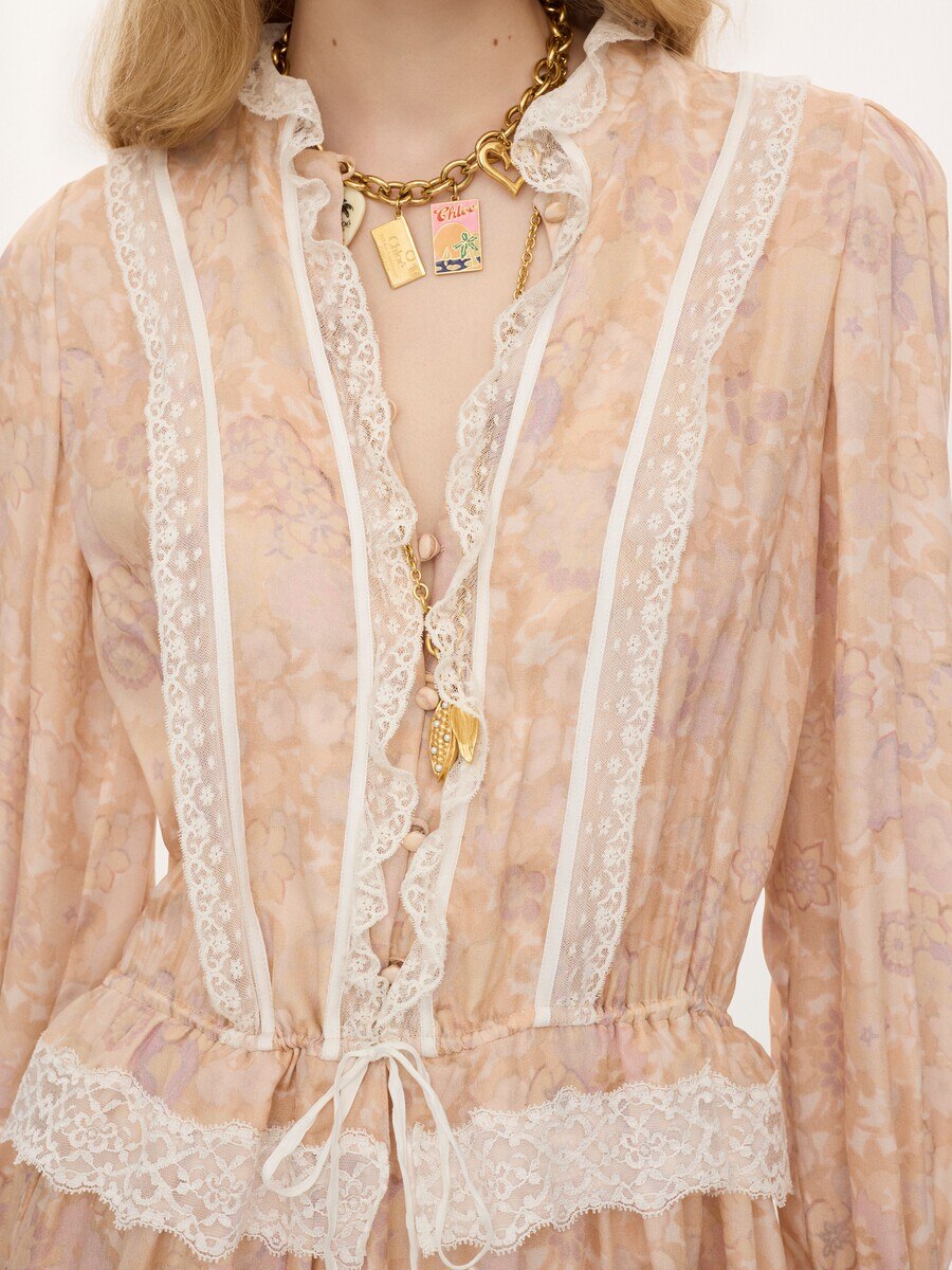 Puff-sleeve mini dress in silk charmeuse & lace - 5