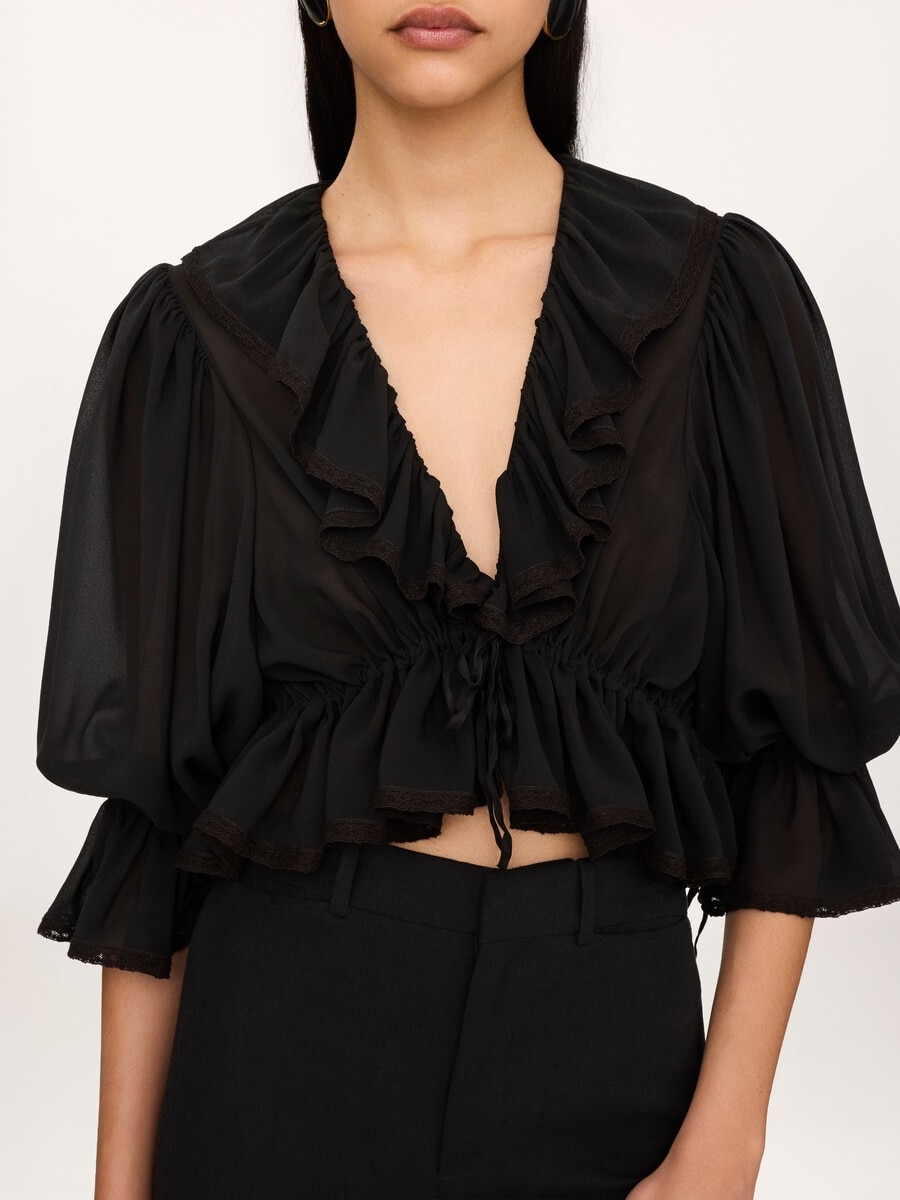 Cropped V-neck ruffle top in silk georgette & lace - 6