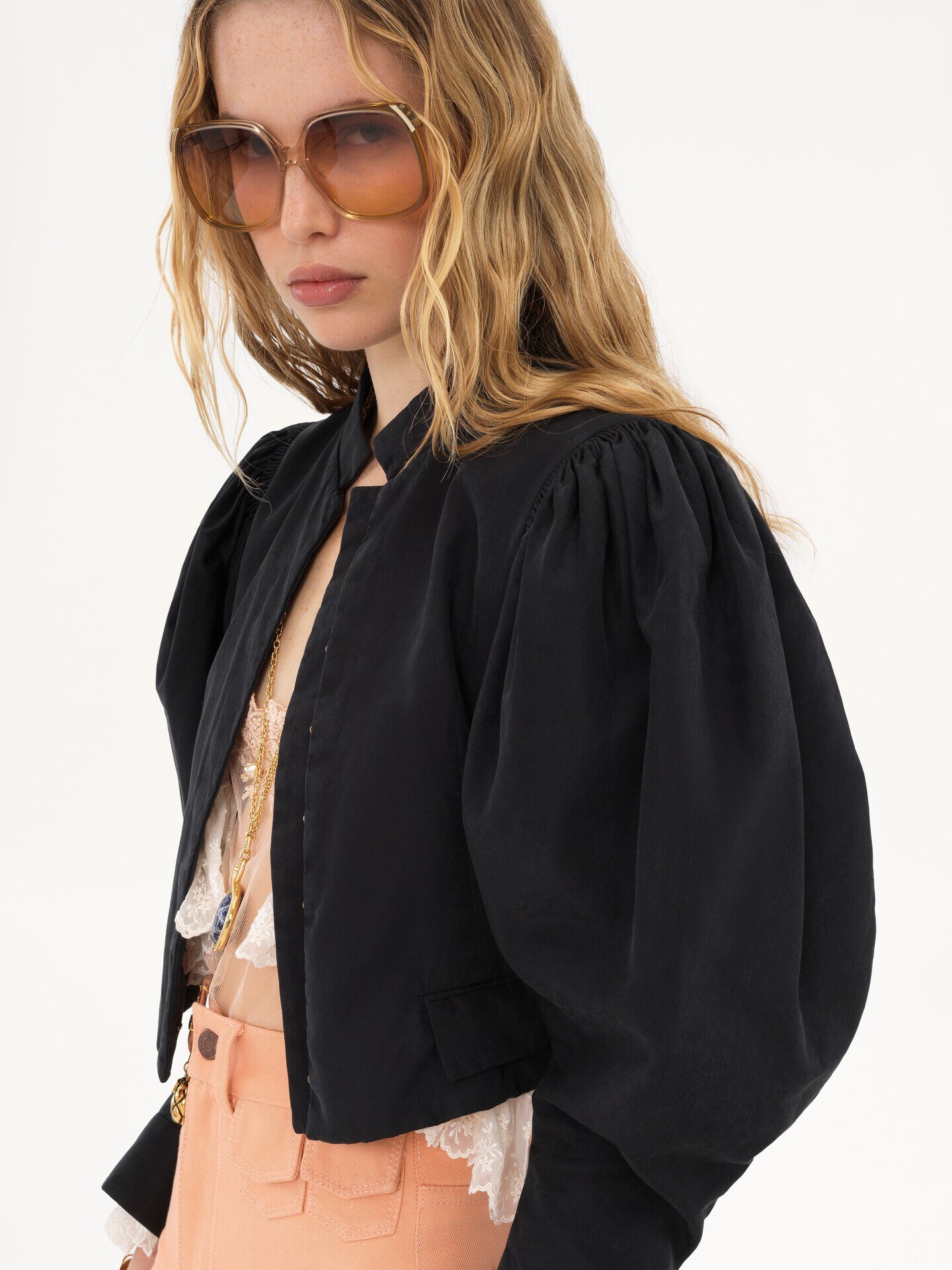 Puff-sleeve cropped jacket in silk faille - 6