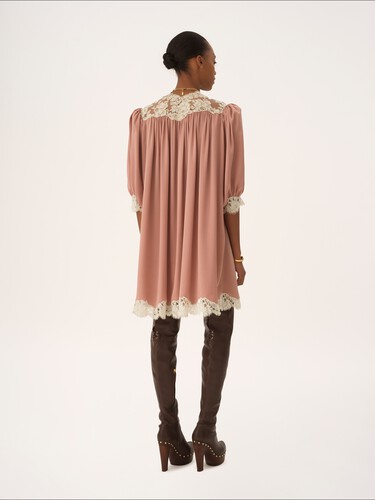 Gathered V-neck mini dress in washed silk satin & lace - 4