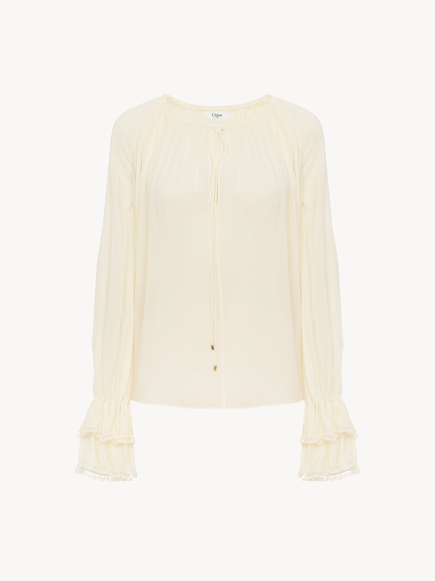Top arricciato con scollo a V in georgette di seta - 2.0