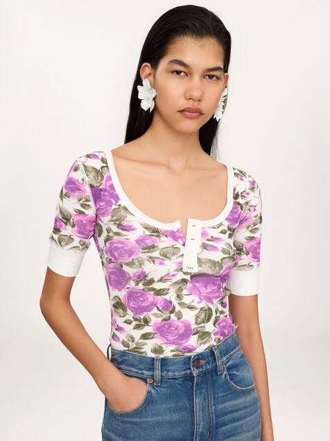 Top henley manches courtes en jersey de coton