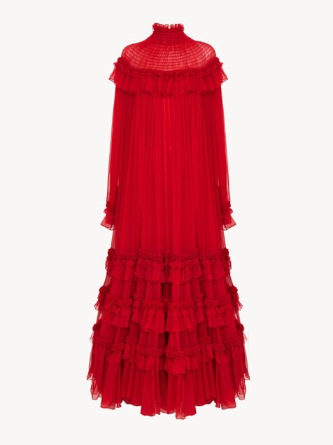 High-neck ruffled long dress in silk mousseline