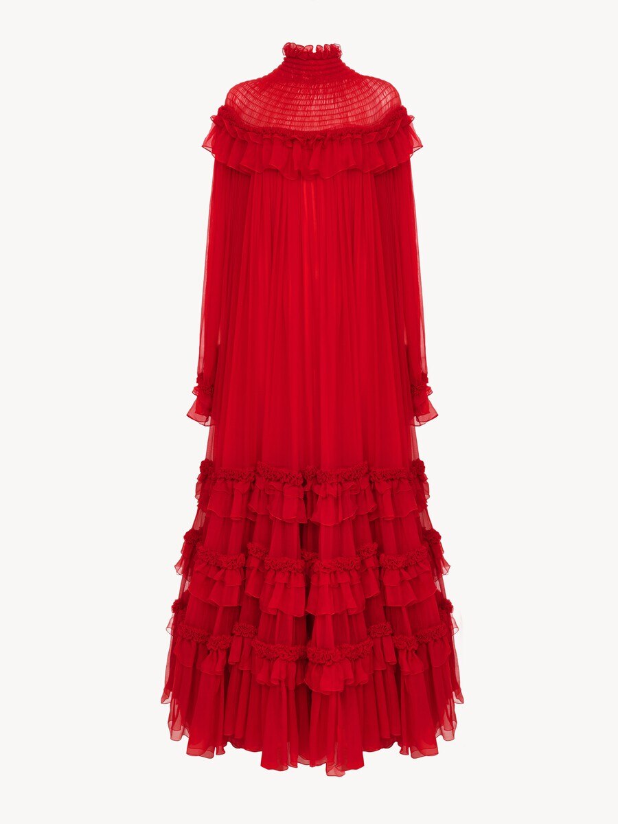 High-neck ruffled long dress in silk mousseline - 2