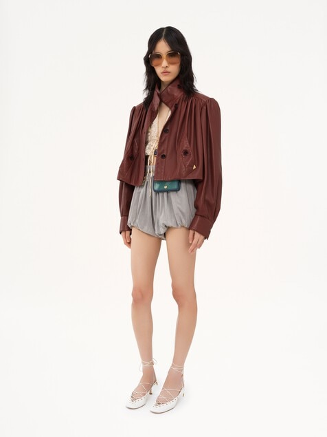 Veste boule fronc&eacute;e en cuir