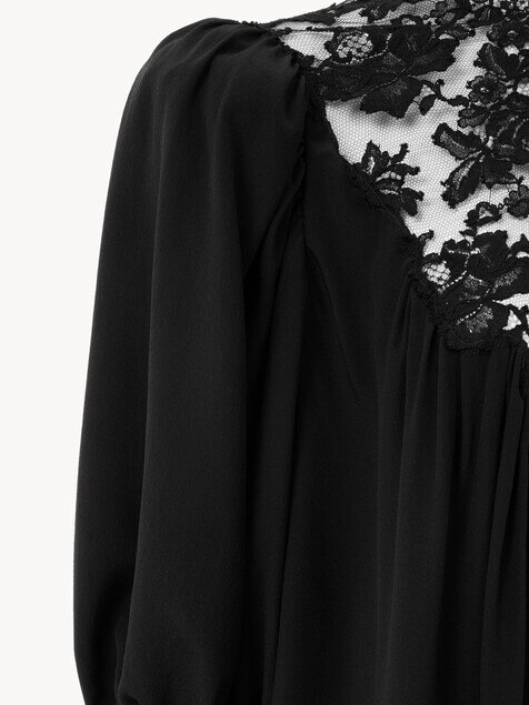 Fluid puff-sleeve top in cr&ecirc;pe de chine & lace