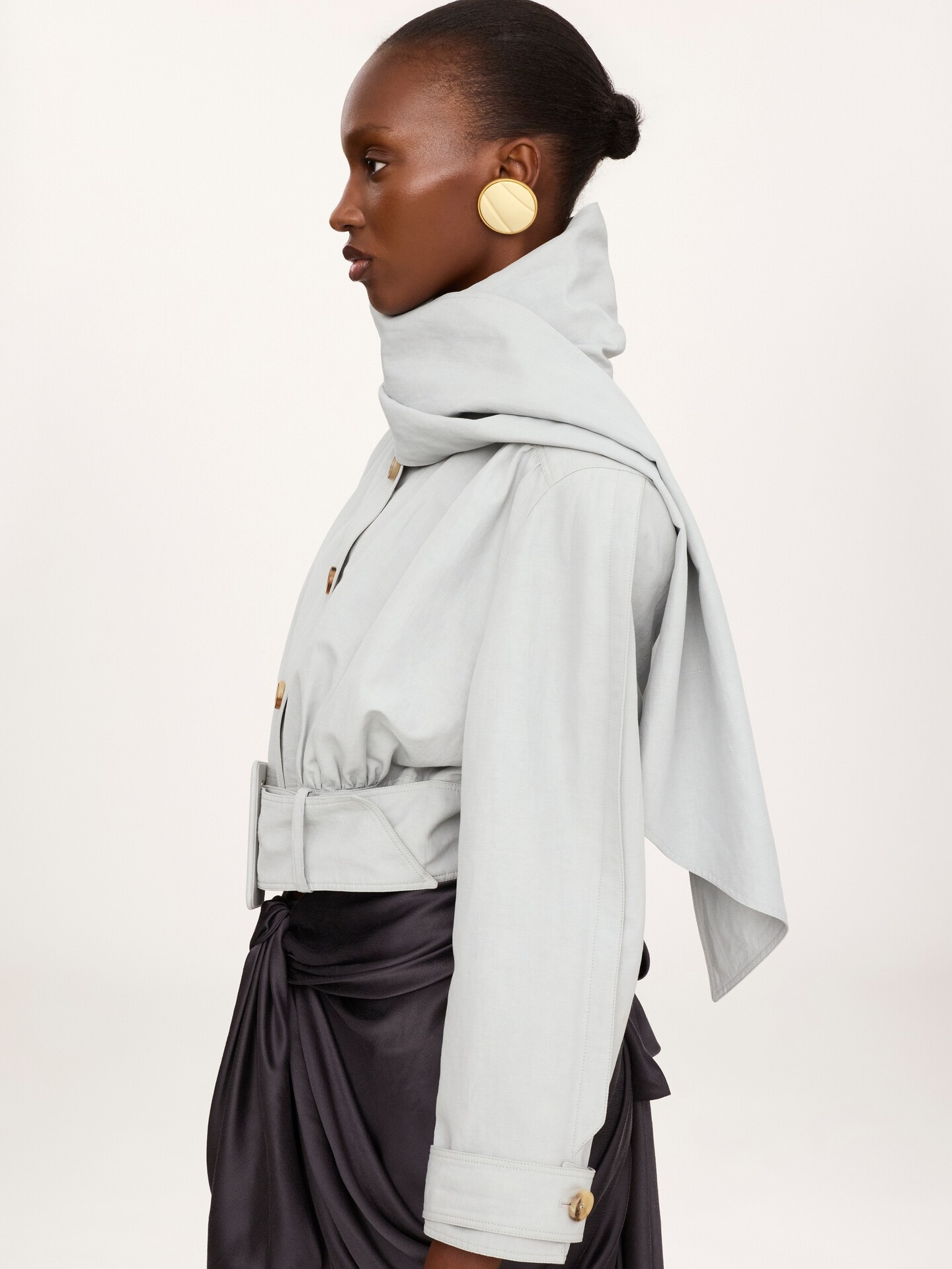 Veste courte col foulard en lin et coton m&eacute;lang&eacute;s - 5