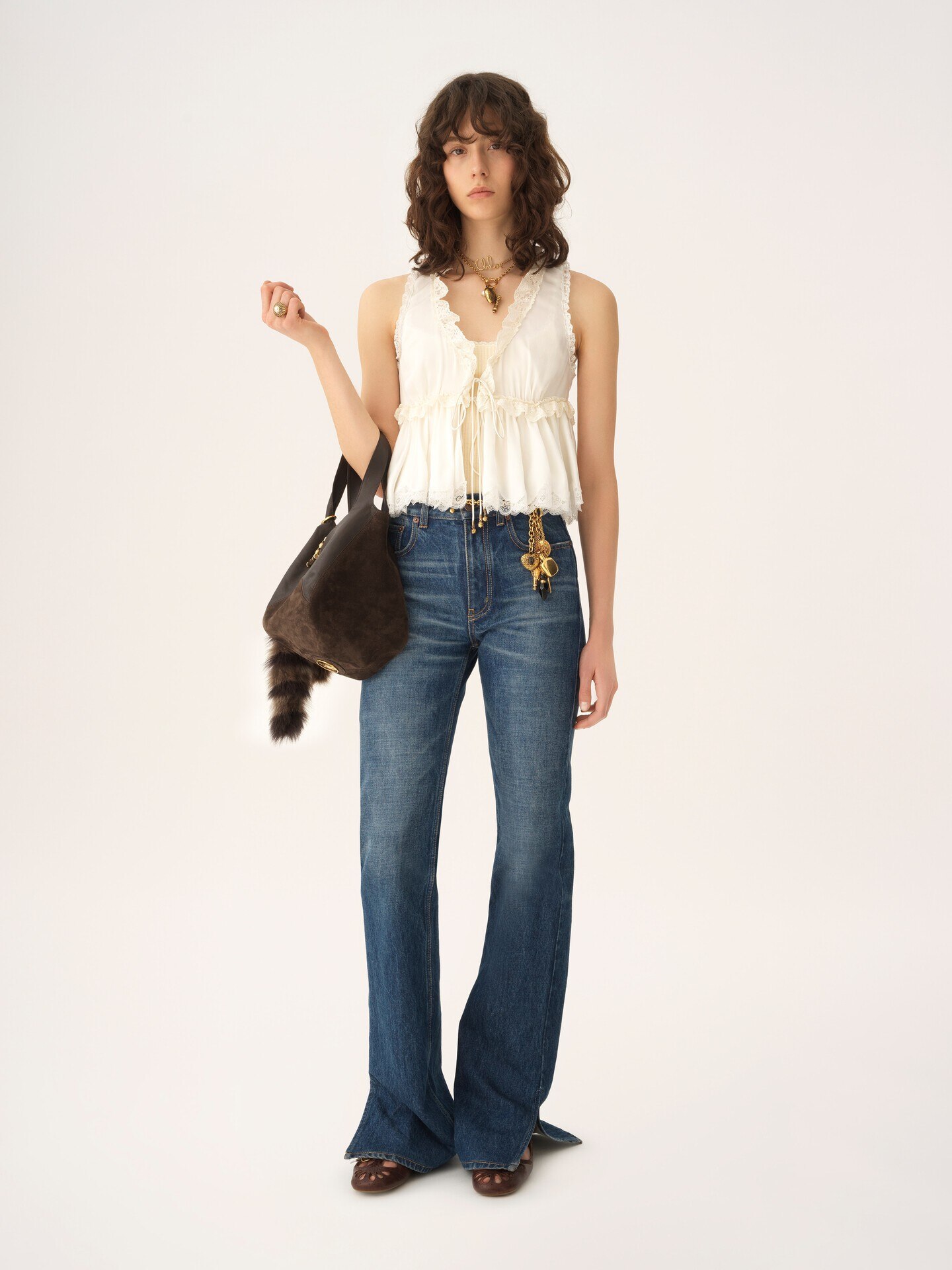 Tie-front sleeveless top in washed silk satin & lace - 1.0