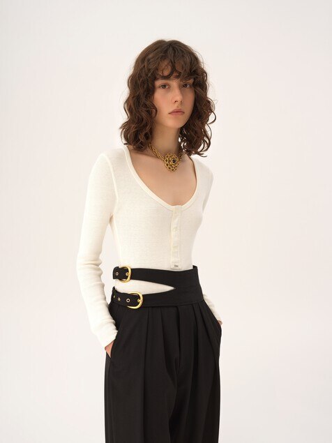 Scoop-neck Henley shirt in cotton jersey