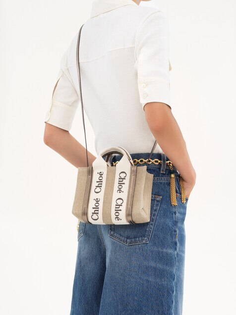 Mini Woody tote bag in linen & leather