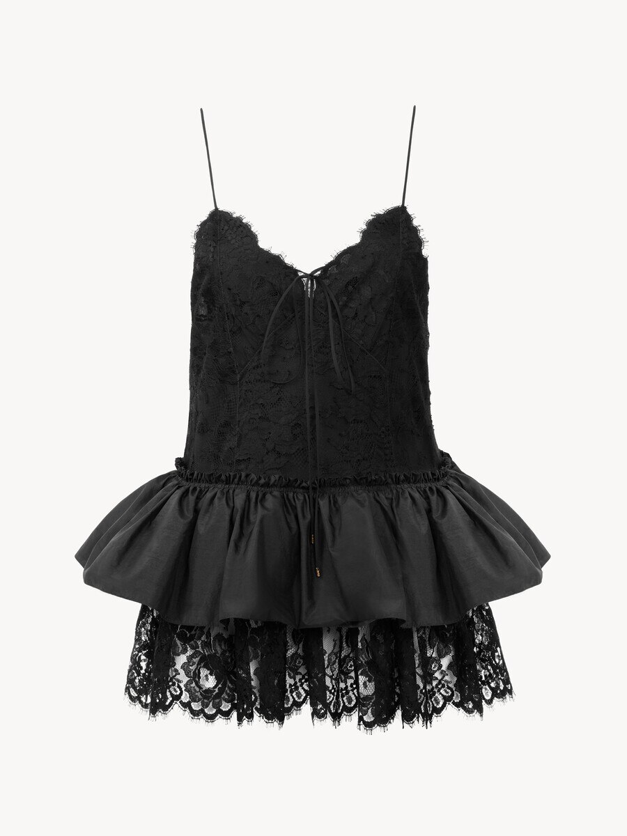 Thin-strap ruffle top in technical taffeta & lace - 2