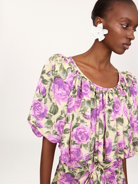 Puff-sleeve cropped top in silk jacquard