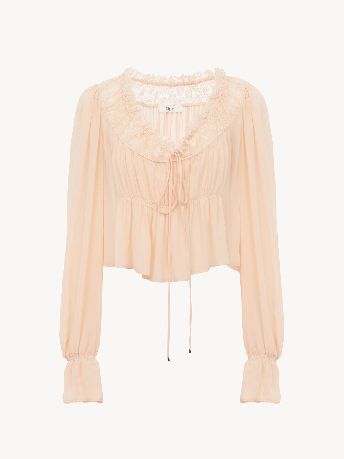 Scoop-neck cropped top in silk georgette & lace - 2