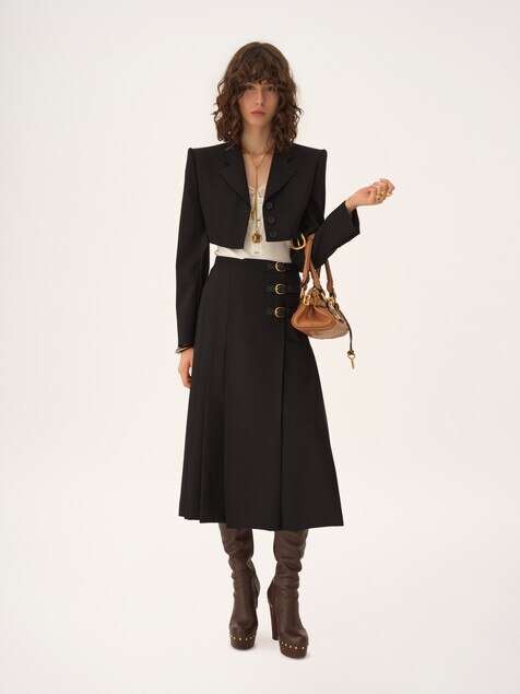 Falda midi plisada de lana grain de poudre