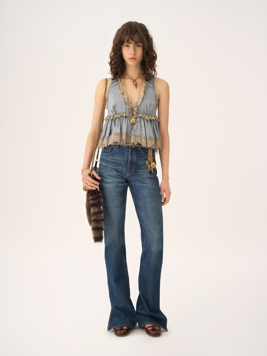 Tie-front sleeveless top in washed silk satin & lace - 1