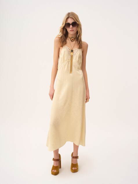 Thin-strap midi dress in silk jacquard & lace