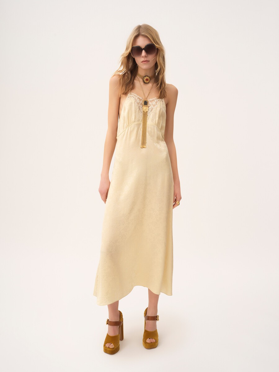 Thin-strap midi dress in silk jacquard & lace - 3