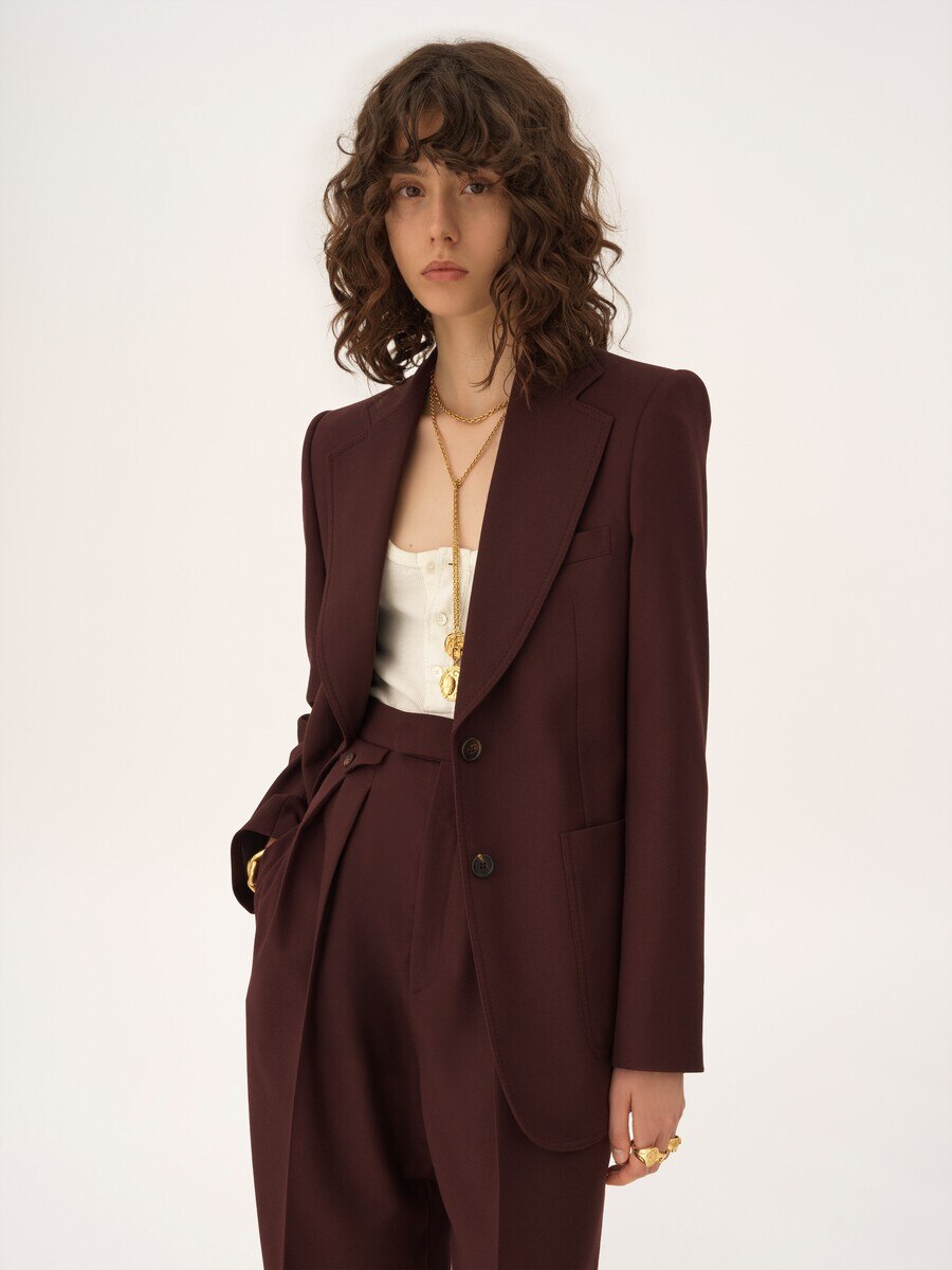 Pantalon taille haute fronc&eacute; en gabardine de laine - 7
