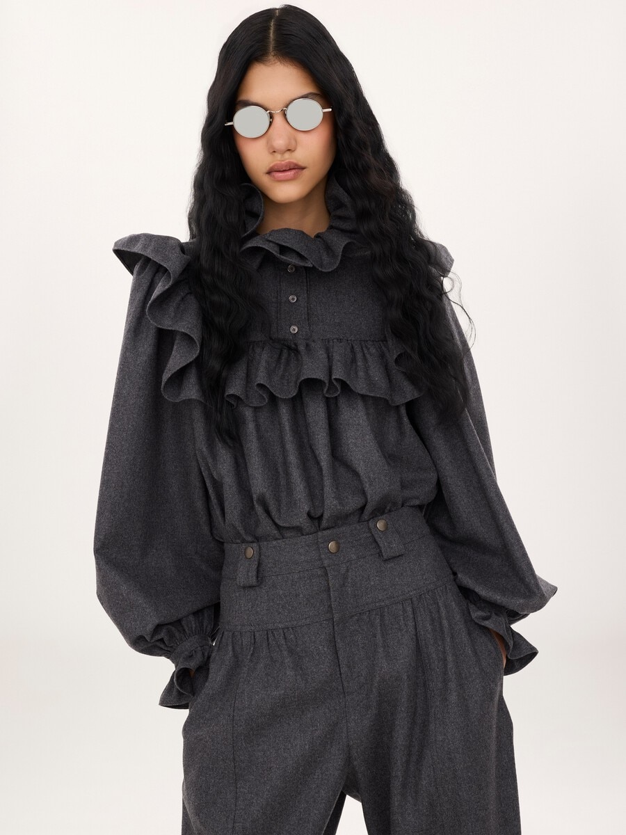 High-neck ruffle top in wool & cashmere flannel - 6