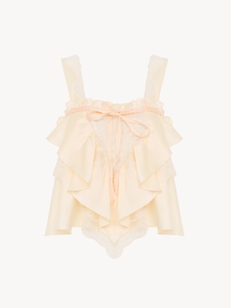 Sleeveless ruffle top in washed silk satin & lace