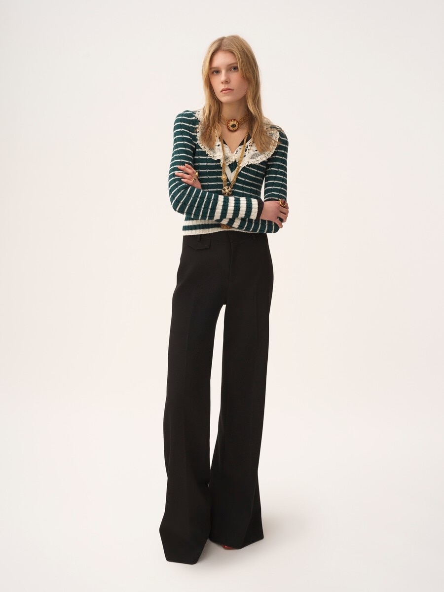 Pantaloni svasati a vita alta in lana grain de poudre - 1