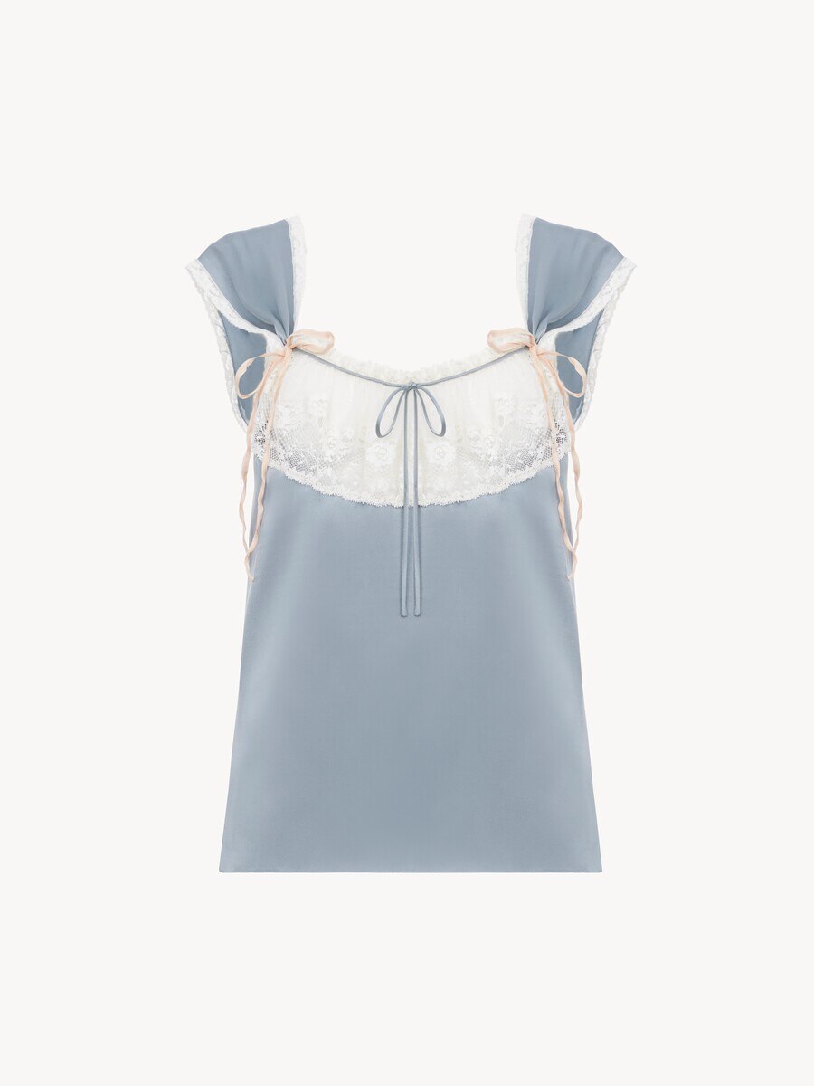 Fluid lingerie top in washed silk satin & lace - 2