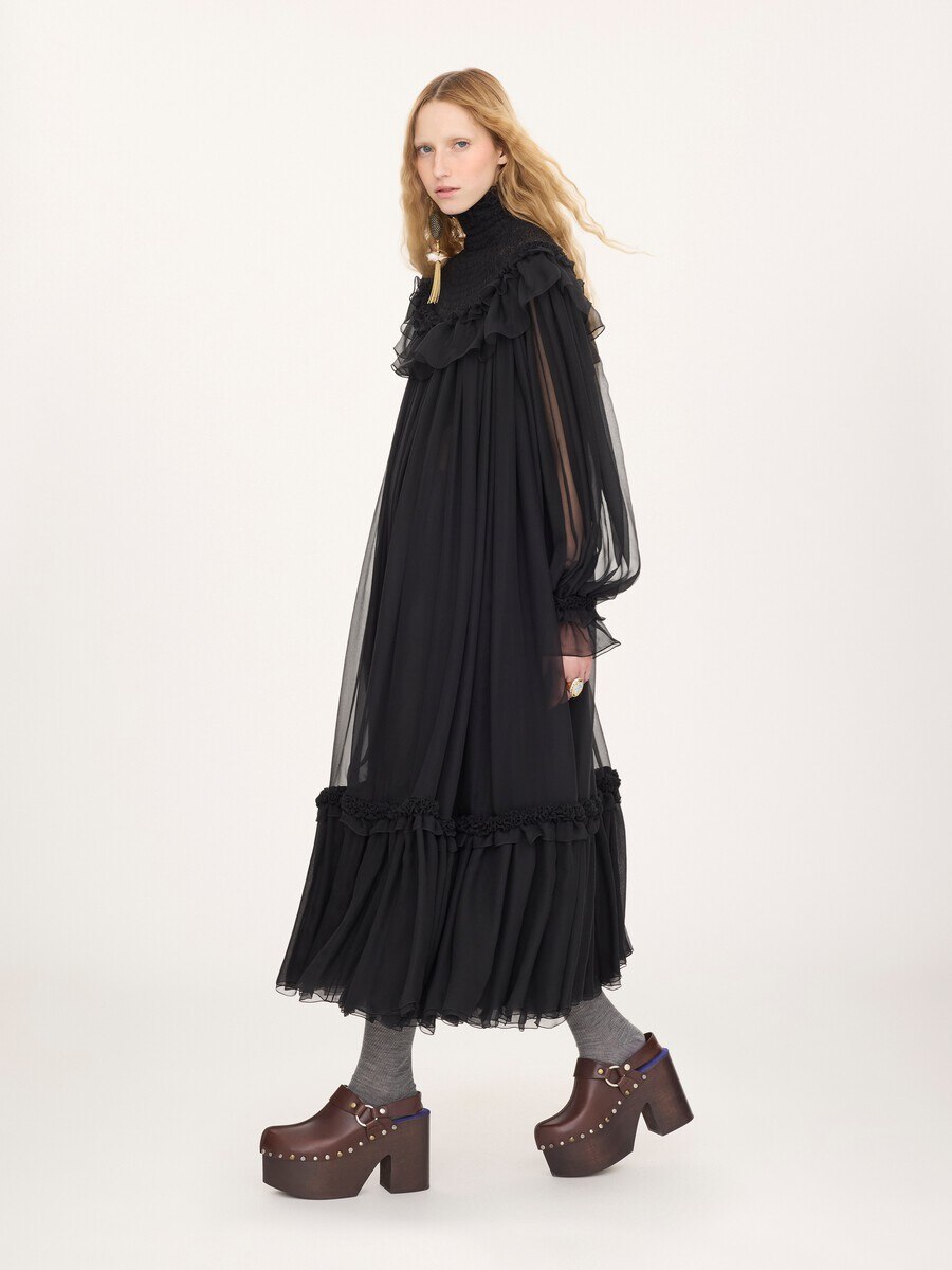 High-neck ruffled midi dress in silk mousseline - 7