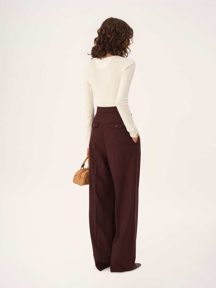 Pantalon taille haute fronc&eacute; en gabardine de laine - 5