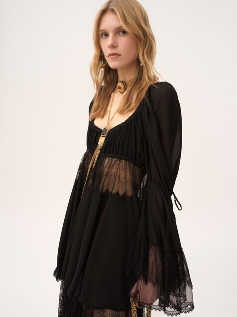 Top de manga abullonada y cuello redondo de georgette de seda y encaje