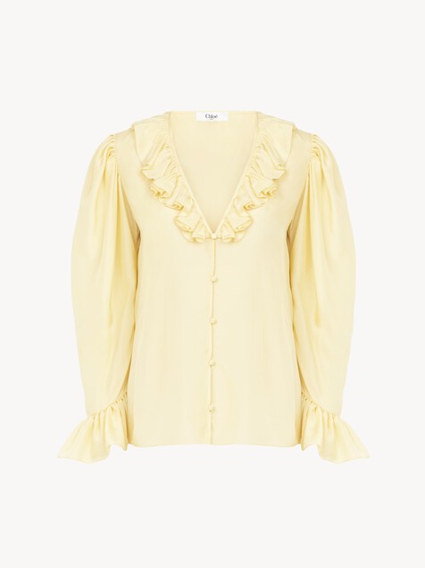 Top de volantes con cuello en V de seda habotai