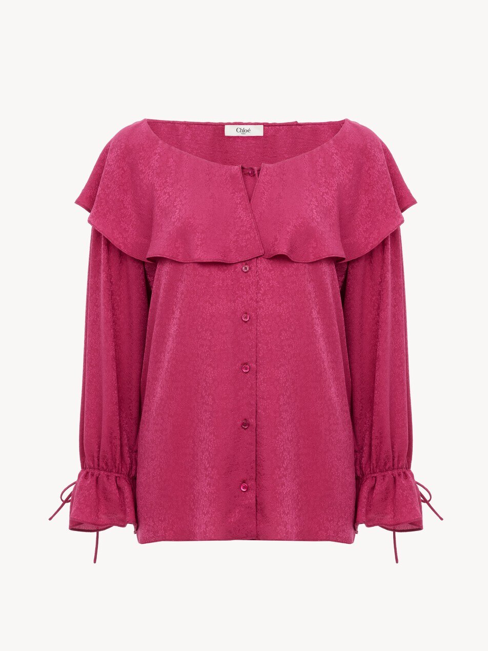 Round-neck ruffle blouse in silk jacquard - Packshot