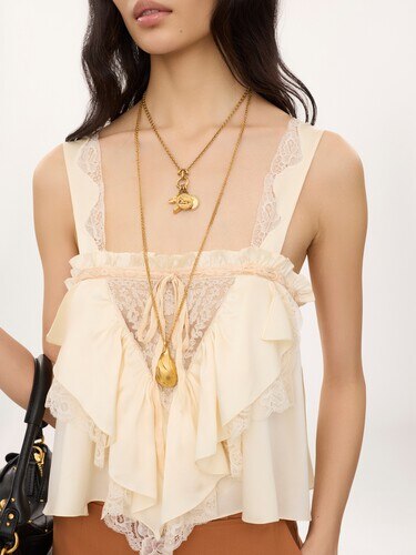 Sleeveless ruffle top in washed silk satin & lace - 6