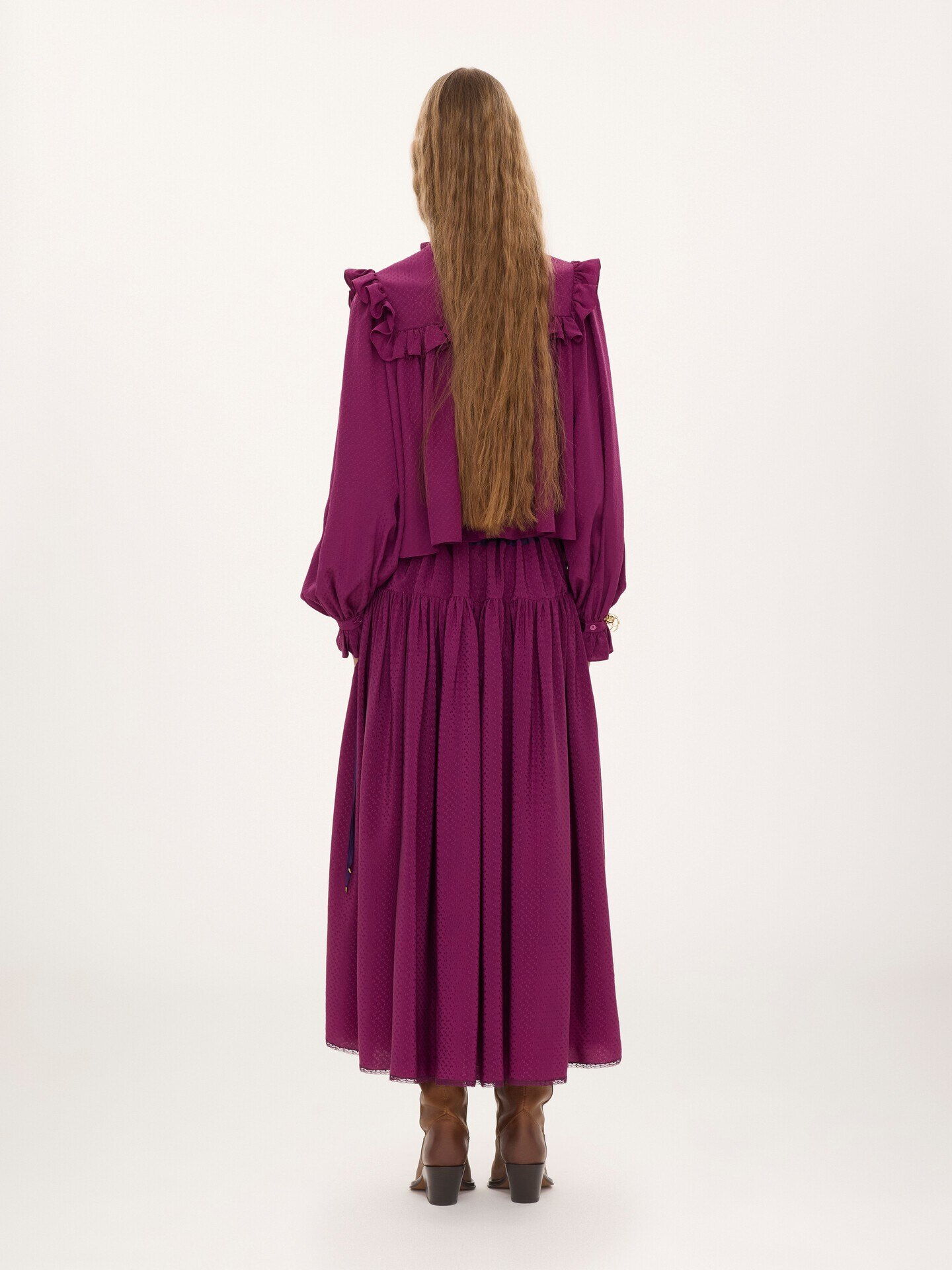 Gathered long skirt in silk jacquard & lace - 4.0
