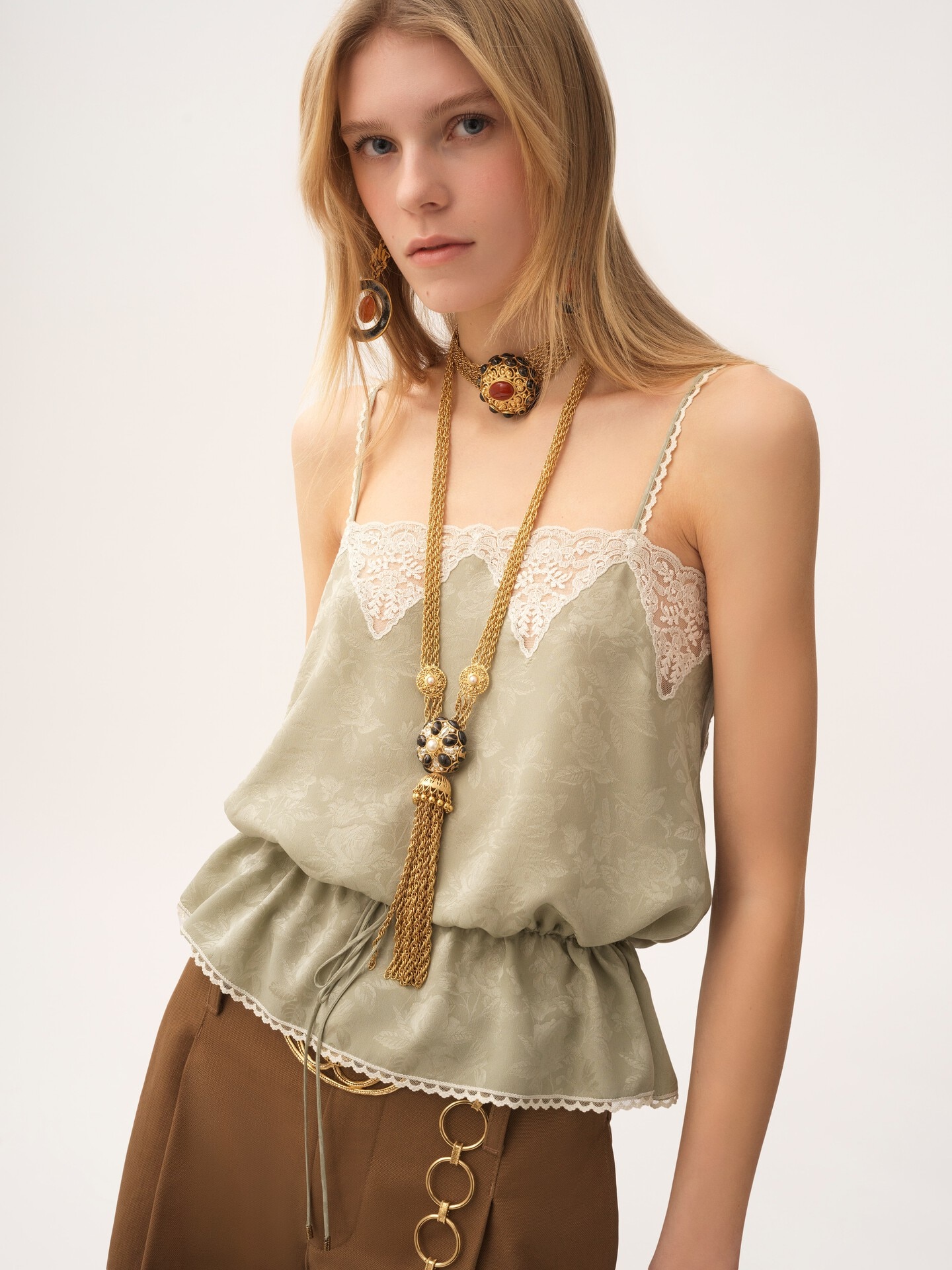 Drawstring camisole top in silk jacquard & lace - 4