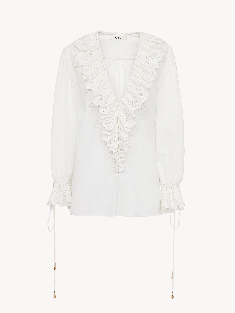 Puff-sleeve V-neck top in cotton voile - 2