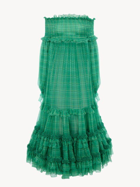 Off-the-shoulder long dress in check silk mousseline