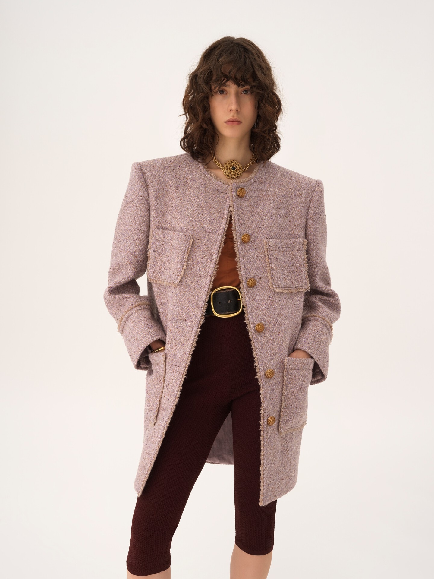 Single-breasted collarless coat in chin&eacute; wool tweed - 6