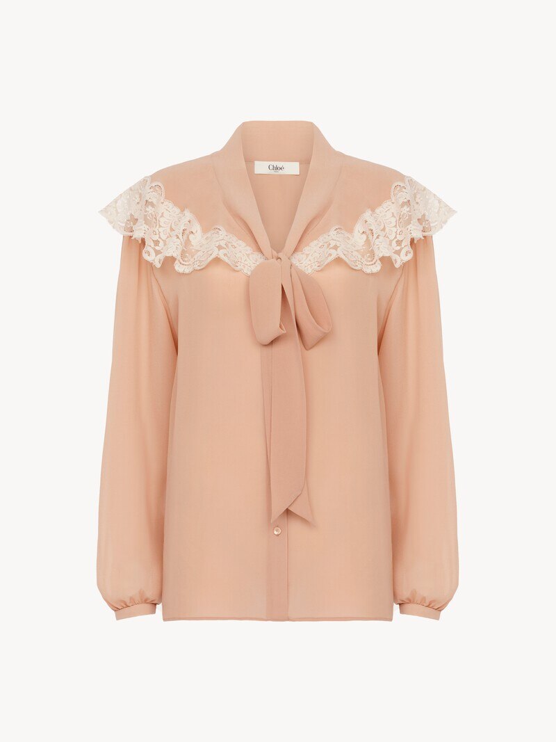 Tie-front gathered blouse in silk georgette & lace by Chloé