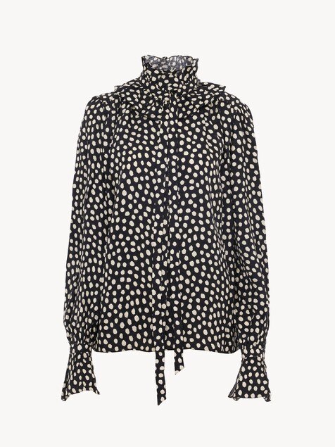 Blouse lavalli&egrave;re &agrave; volants en soie jacquard