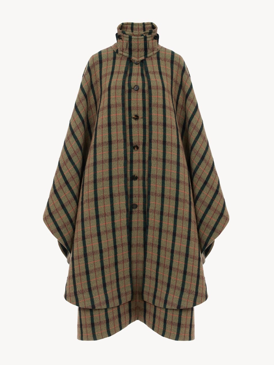 Layered long cape coat in brushed check wool
