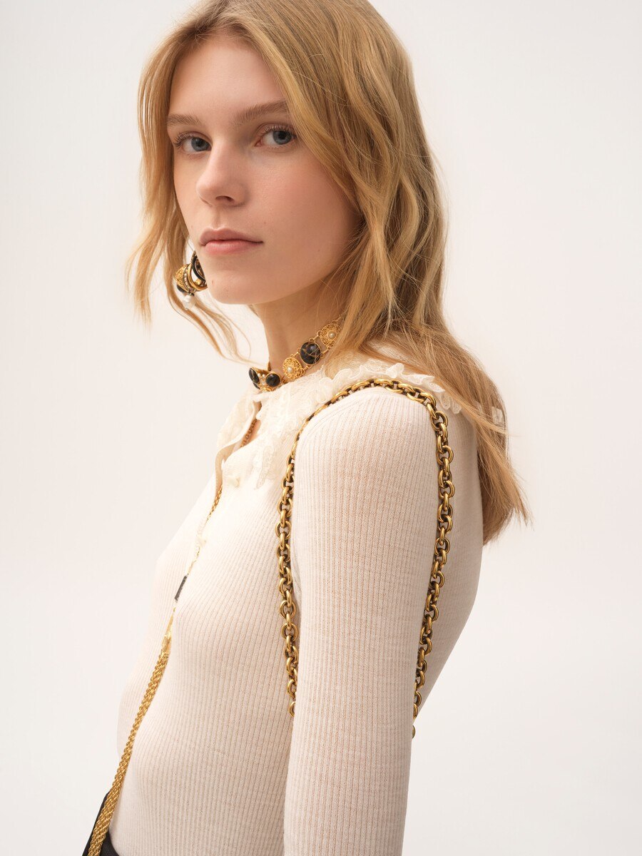 Pull henley &agrave; col en maille de laine extrafine et dentelle - 6