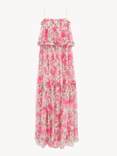 Thin-strap long dress in silk mousseline