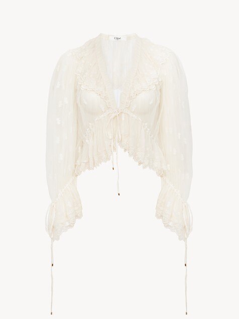 V-neck ruffle top in embroidered lace