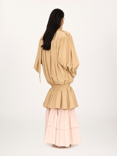 High-neck gathered trench coat in cotton poplin - 6